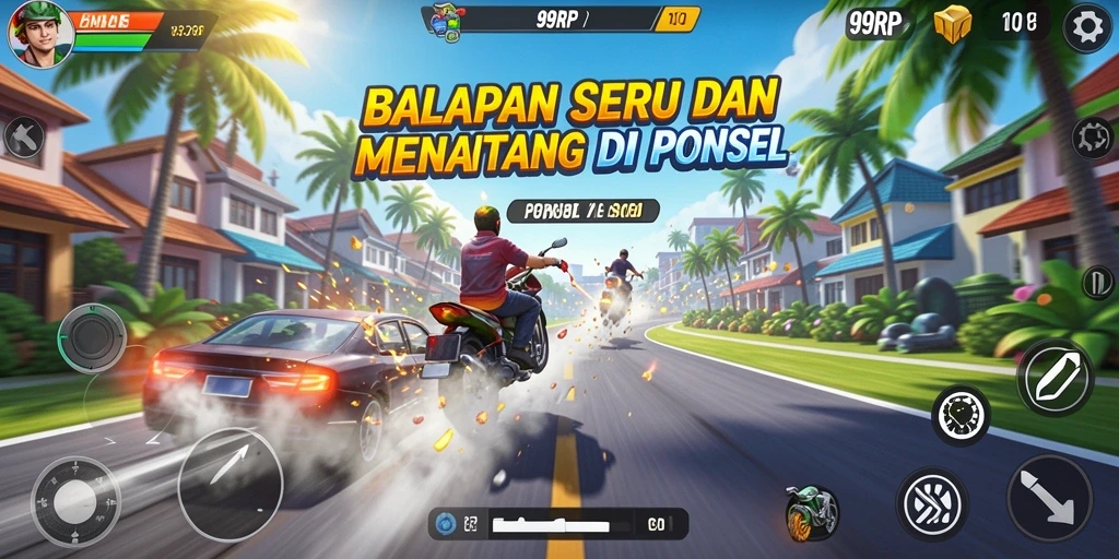 Screenshot gameplay 99RP menampilkan mobil balap di lintasan yang menegangkan.