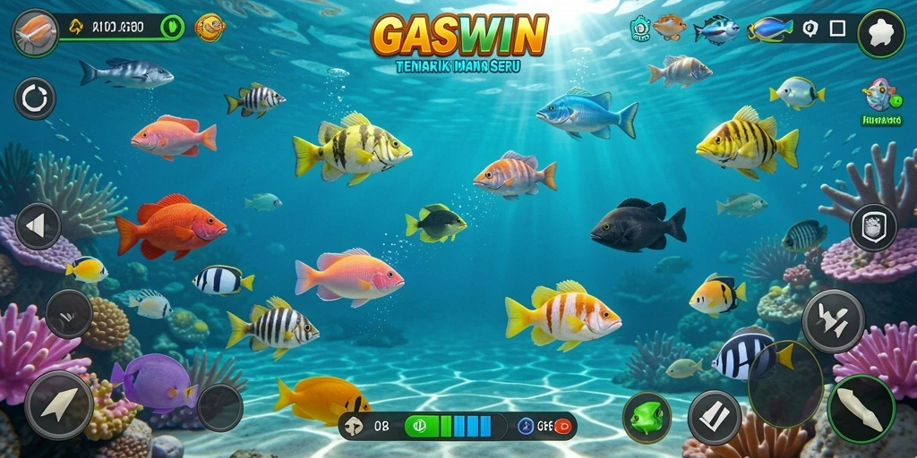 Gameplay GASWIN dengan aksi tembak ikan yang seru.