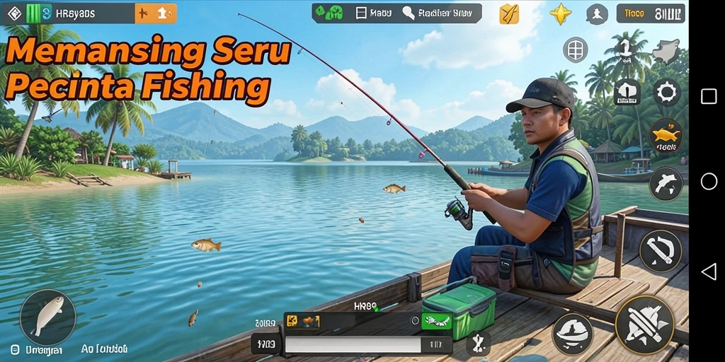 Gameplay HR89 yang menampilkan momen seru saat menangkap ikan.