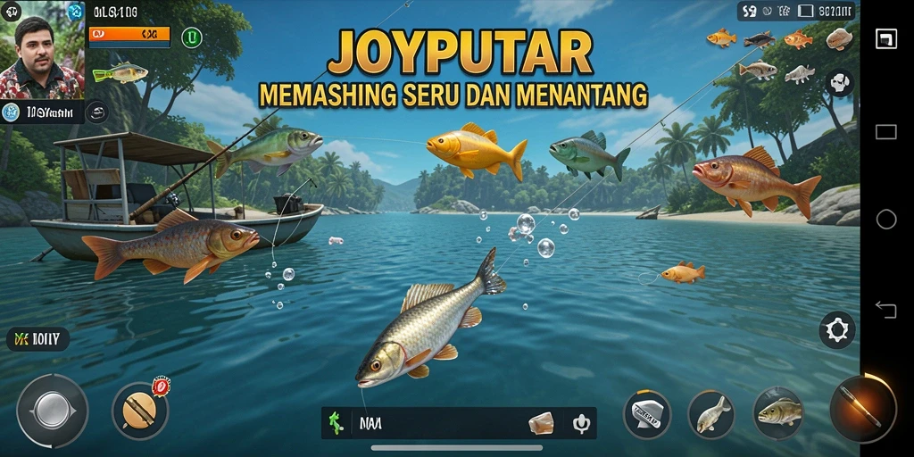 Tampilan utama gameplay JOYPUTAR dengan ikan dan pemandangan indah.