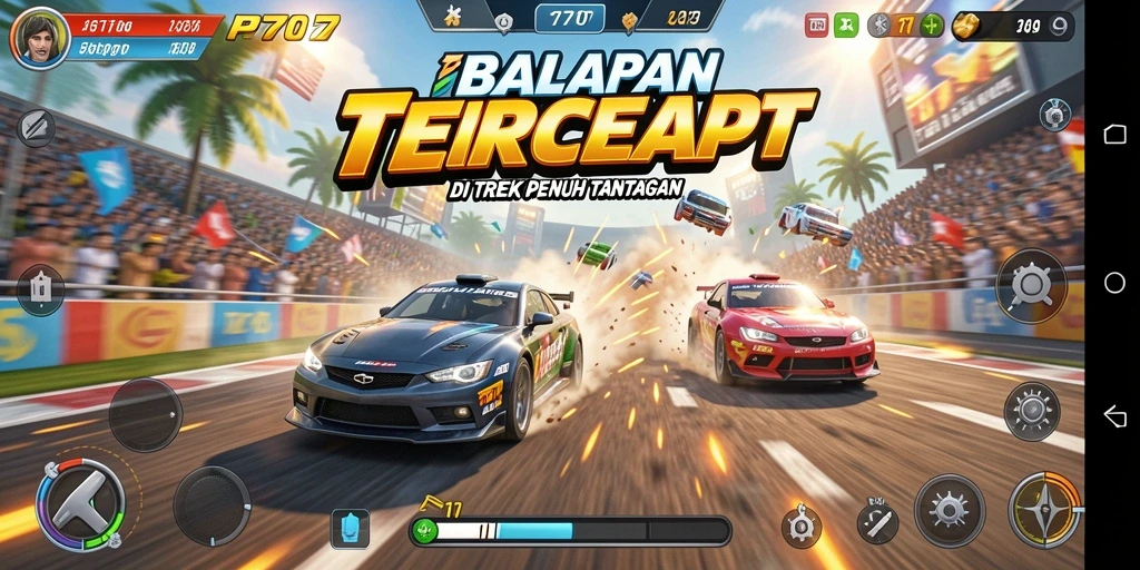 Screenshot gameplay PT707 menampilkan aksi balapan yang mendebarkan.