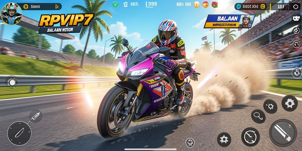Screenshot dari gameplay RPVIP7 yang menunjukkan balapan motor yang mendebarkan.
