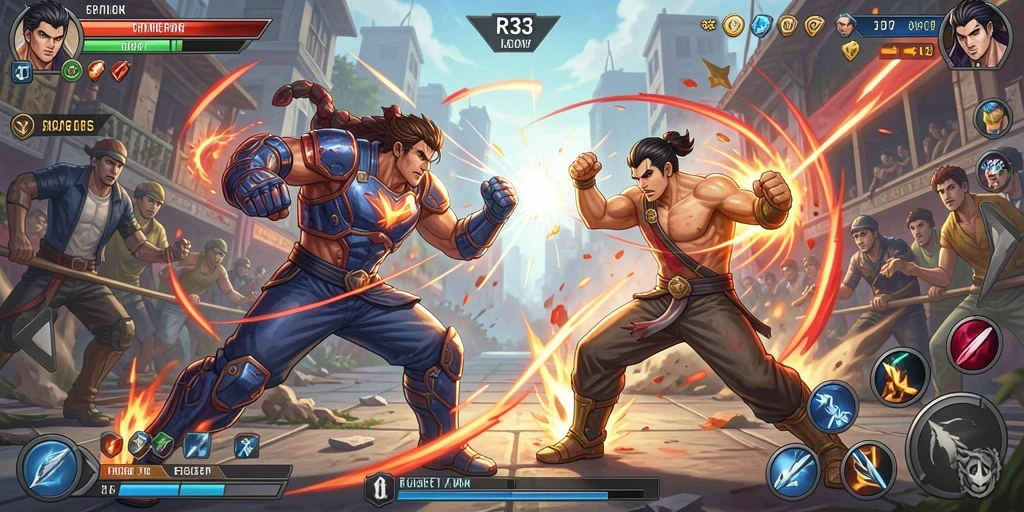 Tangkapan layar game Fighting RR33 yang menampilkan pertarungan yang intens.