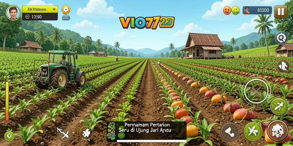 Tampilan screenshot gameplay VIO77 dengan aktivitas bertani yang menyenangkan.